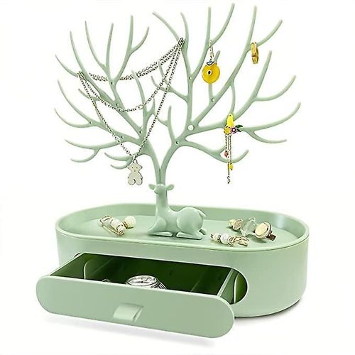 Support De Support À Bijoux, Présentoir De Bagues De Boucles D'oreilles, Organisateur De Bijoux, Conception D'arbre En Bois De Cerf Avec Tiroir Vert