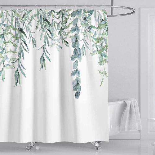 Rideau de douche imperméable et anti-moisissure en polyester, imprimé feuilles vertes, lavable avec 12 crochets en C pour baignoire et cabine de douche (180 cm x