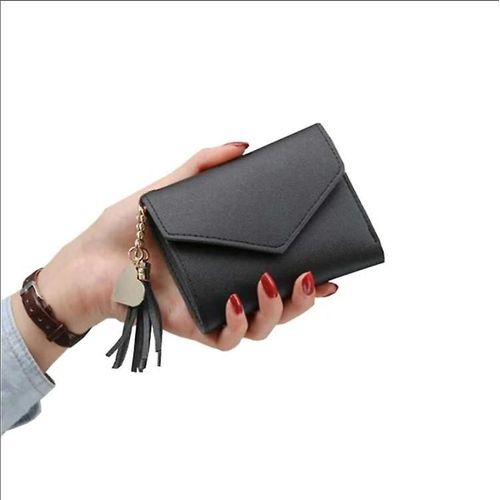 Petit portefeuille noir pour femme en cuir avec chaîne et pompon doré