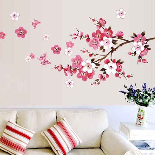 Stickers muraux FLEURS DE CERISIER avec papillons rose rouge (45x60cm) I sakura vigne branche florale arbre autocollant mural pour salon chambre k