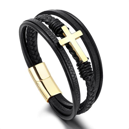 Bracelet En Cuir Tressé Fait Main Avec Boucle Magnétique, Croix En Acier Inoxydable, Bijoux En Acier Titane Pour Hommes 21cm