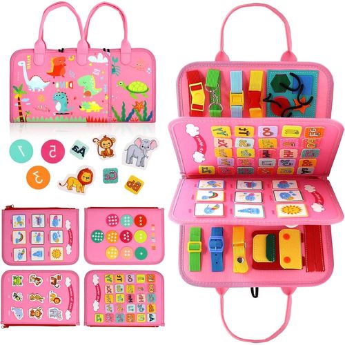 Busy Board Pour Enfants,Montessori Jouet Enfant 2 3 4 5 Ans,Jeu Educatif Pour Apprendre Motricité Fine,Jouets De Voyage Pour Avion Voiture(Rose)