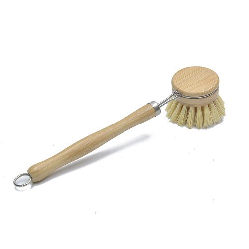 1 brosse à vaisselle de cuisine résistante à l'usure, brosse à casseroles en bois rétro avec long manche - Brosse de nettoyage de casseroles avec