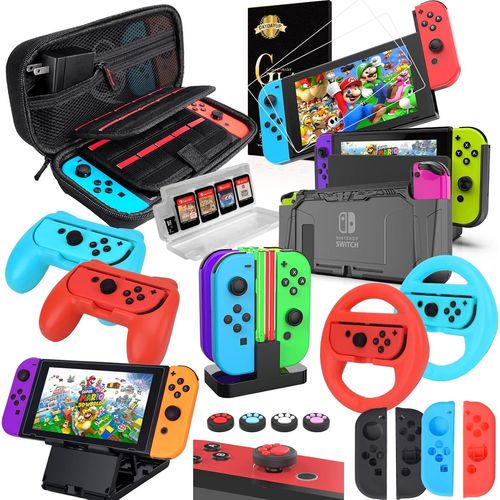 Kal-18 In 1 Nintendo Switch Accessoire-Étui De Protection Avec Protection D'écran, Support De Jeu, Coque De Commutateur, Capuchon De Manette, Poignée Et Volant,Chargeur Pour Joy-Con -Rouge
