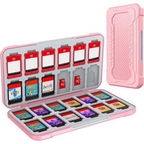 Kal-Rangement Jeux Switch Pour Nintendo Switch 2/Lite/Oled,Support De Stockage De Mémoire En Design En Fibre De Carbone Rose Avec 24 Fentes Carte Jeu Et 24 Fentes Carte Micro Sd