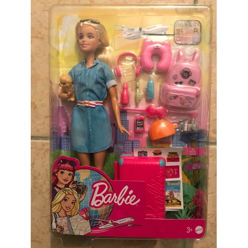 Poupée De Voyage Barbie Blonde Avec Chiot, Valise, Autocollants Et Plus De 10 Accessoires 