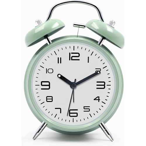 Kal-Réveil Fort Pour Adultes Dormeurs Lourds, En Métal De 10,2 Cm, Double Cloche À Piles, Pour Décoration De Chambre, Silencieux, Sans Tic-Tac, Vert Menthe