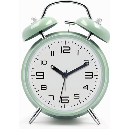 Kal-Réveil Fort Pour Adultes Dormeurs Lourds, En Métal De 10,2 Cm, Double Cloche À Piles, Pour Décoration De Chambre, Silencieux, Sans Tic-Tac, Vert Menthe
