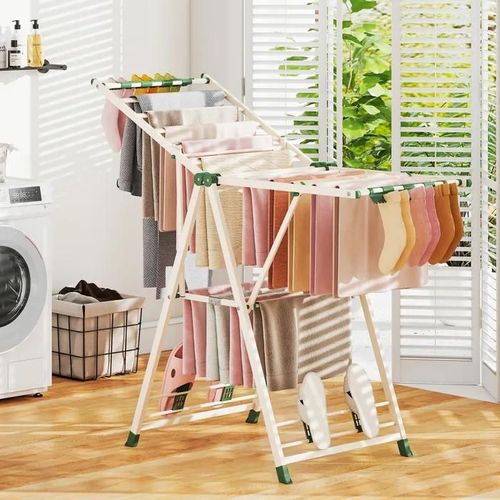 Costway Étendoir À Linge 16 Barres 28 Pinces À Chaussettes Et 4 Supports À Chaussures, Séchoir À Linge Intérieur / Extérieur Beige