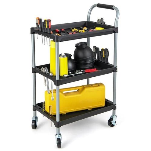 COSTWAY Chariot Servante d'Atelier - 3 Niveaux, 4 Roues Universelles, Rangement pour Outils Charge max.: 45KG Noir