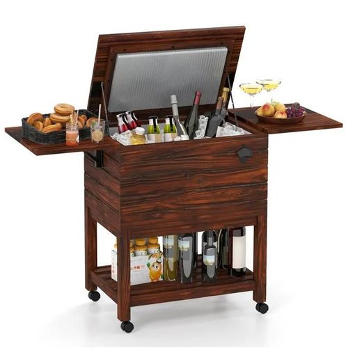 Costway Table À Glacière 51l Roulette En Bois De Sapin Et Cyprès Cool Bar Plateau Relevable Isothermique Pour Bière,Vin,Cocktails