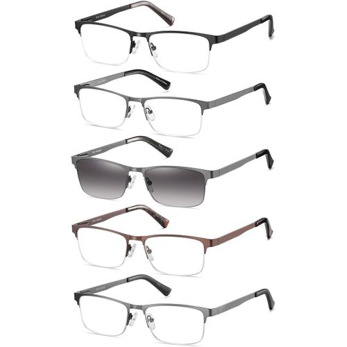 5 Paires Lunettes De Vue Lecture Hommes Style Demi-Trame Acier Inoxydable Materiaux Charniere A Ressort Compris Les Soleil Lunettes De Lecture +1.50