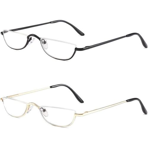 2 Paires Lunettes De Vue Lecture Demi Lune,Lunette Pour Lire Mince Demi-Monture En Métal, Printemps Charnières Lunette Femme Et Homme (Noir + Or, 2, Dioptres)