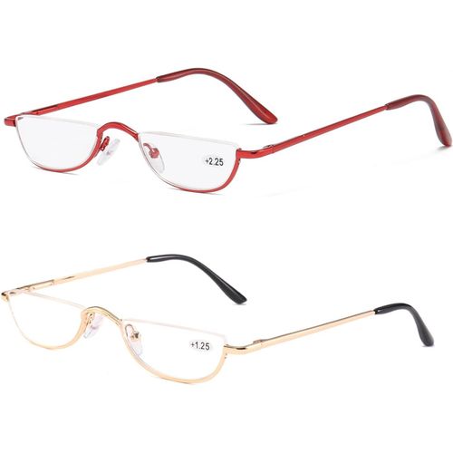 2 Paires Lunettes De Vue Lecture Demi Lune,Lunette Pour Lire Mince Demi-Monture En Métal, Printemps Charnières Lunette Femme Et Homme(Rouge, Or)+3.0