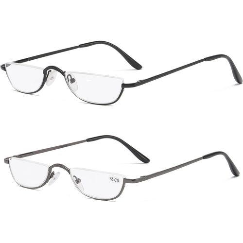 2 Paires Lunettes De Vue Lecture Demi Lune,Lunette Pour Lire Mince Demi-Monture En Métal, Printemps Charnières Lunette Femme Et Homme (Noir, Gris)+1.0