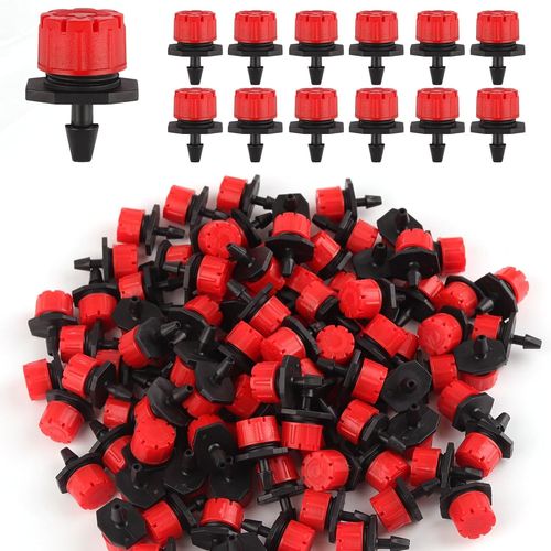 Lot de 100 goutteurs d'arrosage réglables 1/4"", micro-gouttes 360° pour système d'arrosage de jardin, arroseurs anti-obstruction pour tuyaux de 4 mm/7 mm, rouge