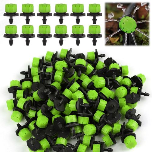 Lot de 200 goutteurs d'arrosage réglables 1/4"", micro-gouttes 360° pour système d'arrosage de jardin, arroseurs anti-obstruction pour tuyaux de 4 mm/7 mm, vert