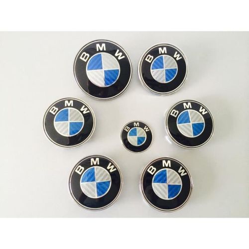 Kit 7 Badge Logo Embleme Bmw Carbone Bleu Gris Capot 82mm + Coffre 74mm +Volant 45mm + 4 Centres De Roue 68mm