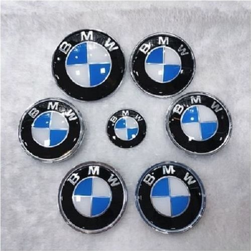 Kit 7 Badge Logo Embleme Bmw Carbone Bleu Blanc Capot 82mm + Coffre 74mm +Volant + 4 X Cache Moyeu 68mm