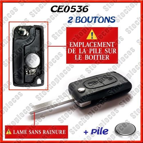 Cle Telecommande Plip Clef Compatible Peugeot 107 207 307 308 407 Partner Expert 2 Bouton / Ce0536 / Lame Sans Rainure + Pile