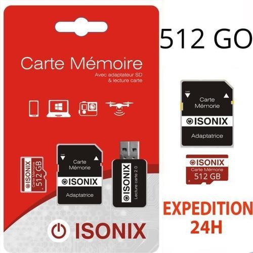 Carte Micro-Sd 512 Go Classe 10 Au Formate Sdxc/Sdhc 4k Smartphone Tablette Caméra Sport + Lecture Carte Isonix