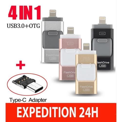 Clé USB 3.0 512 Go Compatible pour iPhone Flash Drive avec Connecteur Extension de Stockage Mémoire Stick pour iOS OTG Andriod Or