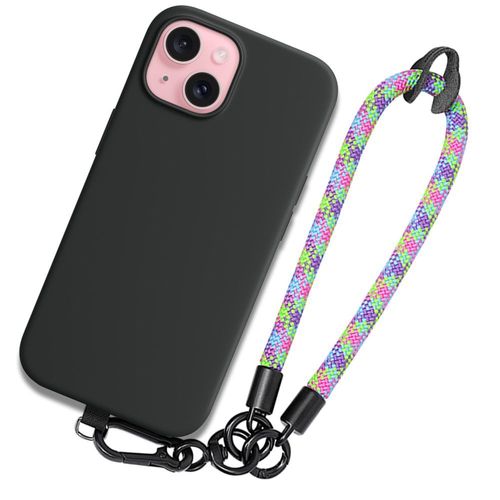 Coque Pour Iphone 15 Plus, Silicone Souple Noir Avec Dragonne Robuste Multicolore - Booling