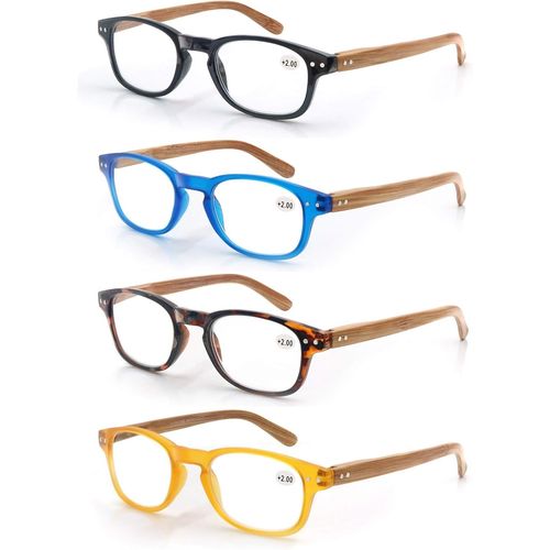 Lot De 4 Lunettes De Lecture 3.0 Hommes Femme,Lunettes Loupe Monture Leger Branches A Ressort,Lunettes De Vue Motif Effet Bois,Noir-Bleu-Ecaille-Jaune