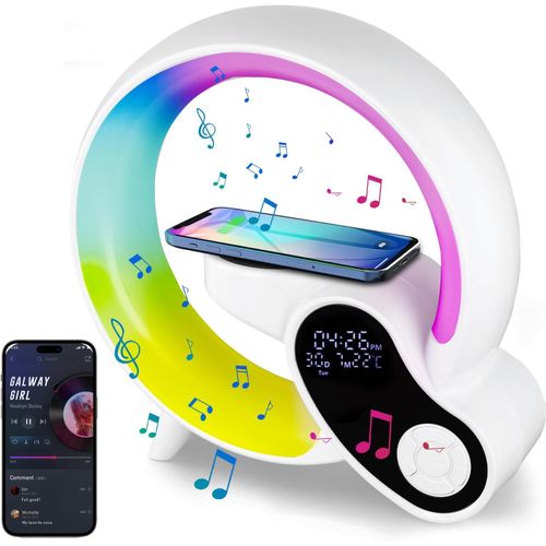 KALANKA-15W Chargeur Sans Fil Lampe, RGB Lampe de Chevet Chambre avec Haut-parleur Bluetooth, Lumière D'ambiance Rythmique, Led Lampe Dimmable pour Les Dortoirs de la Chambre Familiale
