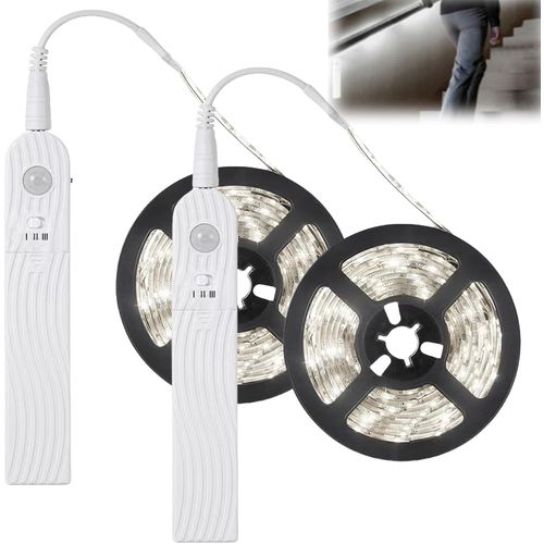 KALANKA-Lot de 2 bandes LED avec détecteur de mouvement, bande LED de 2 m, à piles, 6500 K, pour chambre à coucher, rechargeable par USB, lumière blanche