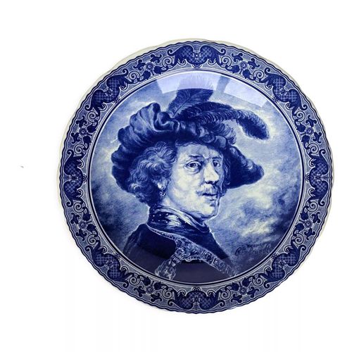 Assiette murale en cramique Boch Belgique reprsentant le peintre Rembrandt bleu