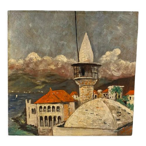 Tableau ancien paysage dun phare sign et dat 1959 multicolore