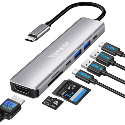 KALANKA-7 en 1 Hub USB-C, Adaptateur USB-C vers HDMI 4K, PD 100 W,Lecteur de Cartes SD/TF,Port USB 3.0 & 2.0, Port Données USB-c,HUB Multiport Type C Compatible avec i-Phone 15/16,MacBook Pro/Air, De