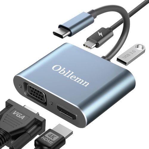 KALANKA-Adaptateur USB C vers VGA, 4 en 1 Hub De Type C vers VGA HDMI 4K @ 30 Hz HDMI/VGA/USB 3.0/PD100w Adaptateur de hub multiport de Charge, pour MacBook/MacBook Pro/Air, Chromebook, Dell XPS15, G