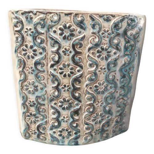 Vase cramique vintage dcore relief vert