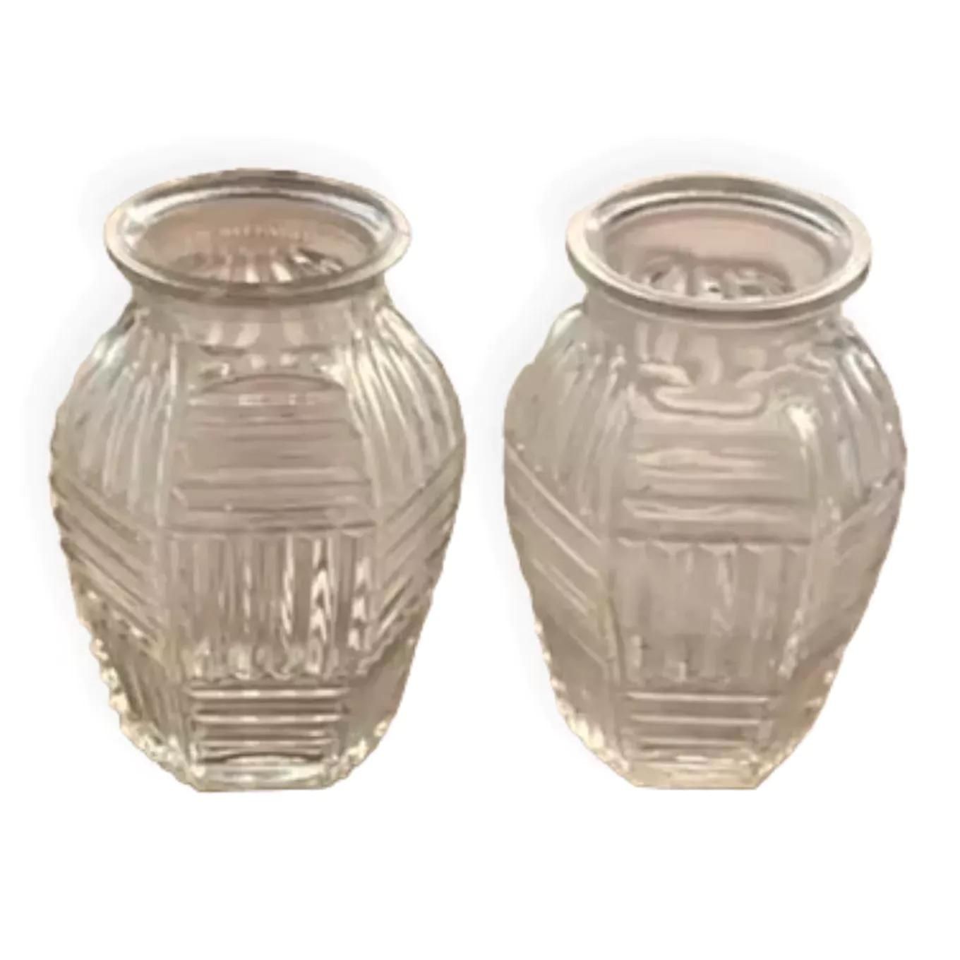Deux vases jacinthes en verre moul motifs gomtriques vintage transparent