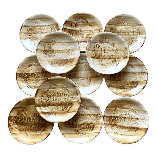 Assiettes Plates Longchamp Dcor Poisson Beige