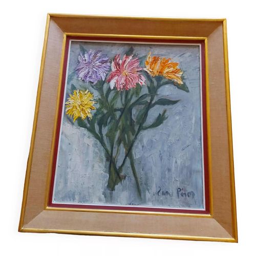 Peinture laposhuile signe annes 60aposS bouquet de fleurs multicolore