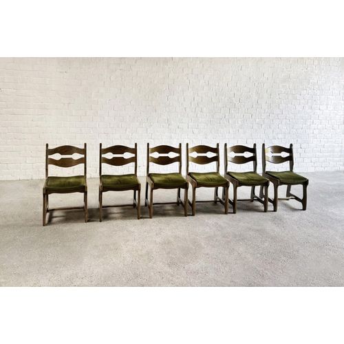 6 Chaises De Salle Manger En Bois Et Tissu Attr Guillerme Et Chambron 1950s Vert