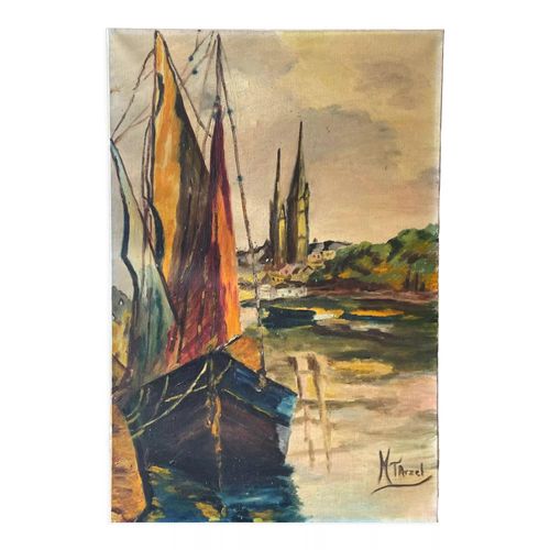 Tableau sans cadre huile sur toile marine vers 1950 multicolore