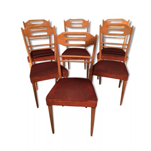 6 Chaises Italiennes 1960 Bois Blond Velours De Soie Orange