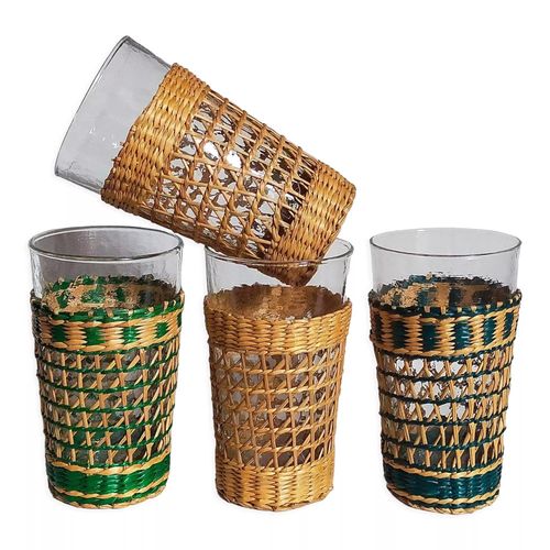 Quatre Verres Long Drink En Crins De Rotin Tress Vintages Vert