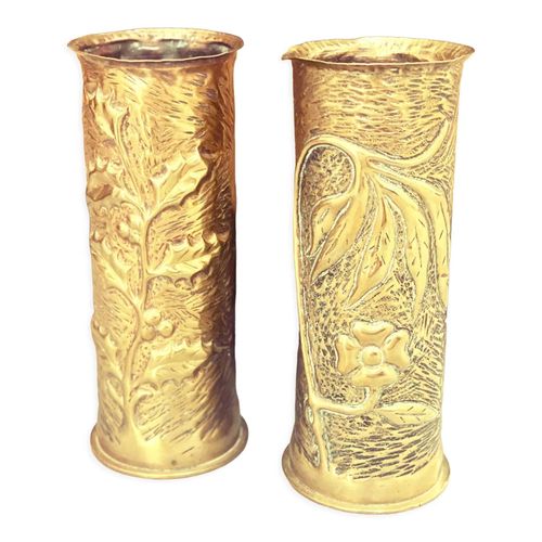 Paire de vases en cuivre obus 191418 allemands art des tranches dore