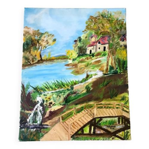 Tableau huile sur toile rivire et ponton sign vert