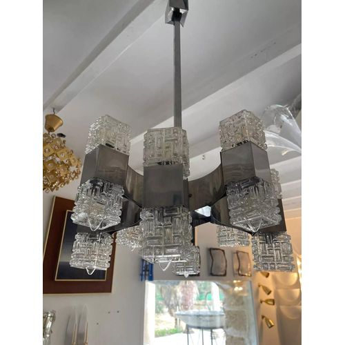 Lustre Sciolari 16 Feux Verre Et Chrome Italie 1970 Argent