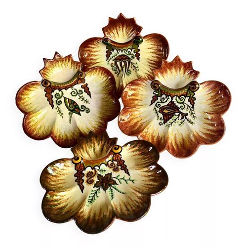 4 Assiettes Hutres Barbotine Paul Fouillen Quimper Multicolore