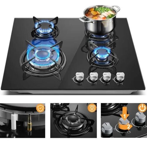 Plaque de cuisson au gaz - MARQUE - 8060W - 4 foyers - Verre noir - Sécurité Thermocouple
