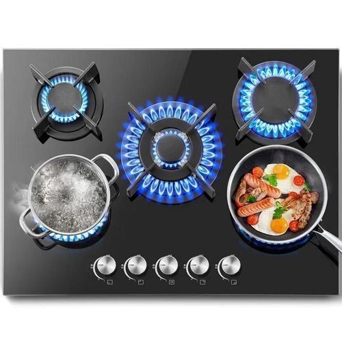 Table de cuisson à gaz - SNDOAS - 10400W - 5 feux - Verre trempé - Sécurité thermocouple
