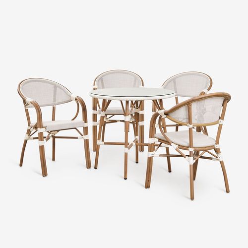 Ensemble Table Ronde Brielle Bistro, Ø80 Cm, Et 4 Chaises De Salle À Manger Empilables En Aluminium Avec Accoudoirs. Blanc Gardenia