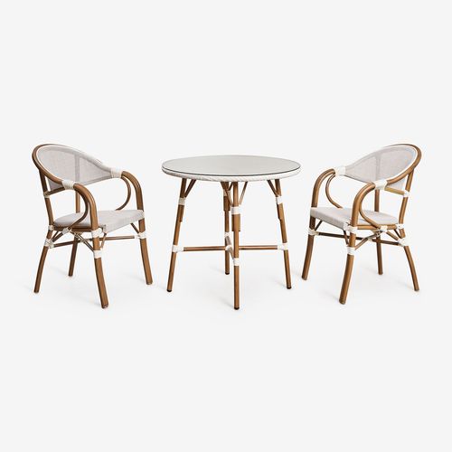 Ensemble Table Ronde Brielle Bistro, Ø80 Cm, Et Deux Chaises De Salle À Manger Empilables Avec Accoudoirs En Aluminium. Blanc Gardenia
